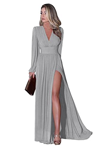 YEsmYa Mousseline pour Femmes Robes de Demoiselle d’Honneur à Manches Longues V Cou Plissé Robe de Bal A-Line Slit Robes de soirée Formelles avec Poche Cover