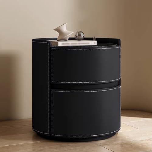 YVYKFZD Mesilla de Noche Redonda, Mesita de Noche con 2 cajones de Madera Maciza, Mesitas Dormitorio Envuelta en Cuero, Mesita Auxiliar Minimalistas, Mesita Noches pie(Nero,40cm/15.7')