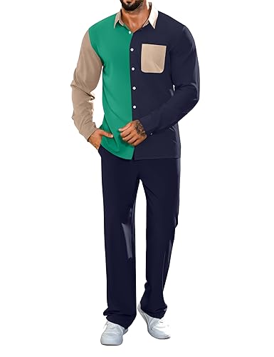LecGee 2 Piece Outfits For Men Casual Long Sleeve Button Down Shirt Color Block Streetwear Suits