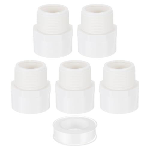 QUARKZMAN 5Pcs 50mm Adaptador Macho de PVC para Conexión de Tuberías, Conectores de Tubería de PVC de 2 Vías con Cinta Selladora (Enchufe x Rosca de Tubería Macho) (Blanco)