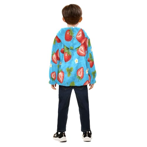 Strawberry Pattern on Blue Toddler Fleece Jacket Girl Boys Hooded Fleece Jacket Coat Warm Outwear Zip-up 3-10T4