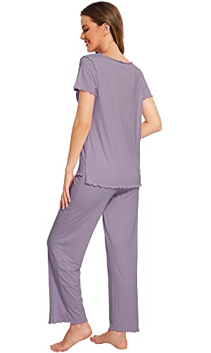 Wiwi Womens Bamboo Pajama Set Short Sleeve Pjs Sleepwear Soft Pants 2 Piece Pajamas Summer Pj Sets Loungewear S-Xxl, Violet, Large #TOP1