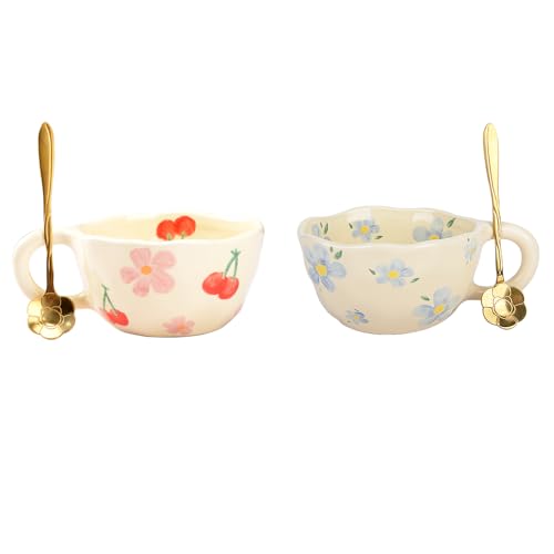 XinHuiGY Cute Coffee Mug, Ceramic Tea Mugs, Kawaii Coffee Cup, Handmade Creative Flower Mug with Spoon, Aesthetic Mug for Milk Cocoa, 250ml, Mother Day Gift for Mom Women Christmas (Pink&Blue)