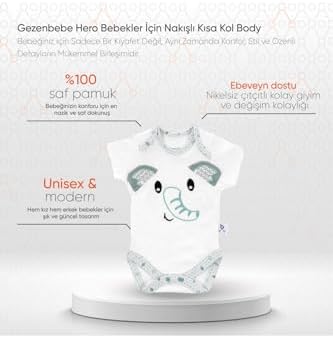 Gezenbebe Hero Bebekler İçin Nakışlı Kısa Kol Body Elephant 0-3 Ay - Görsel 2