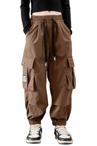 Image of AOWKULAE Girls Casual Cargo Pants for Kids Drawstring Elastic Waist Jogger Pants 6-14 Years