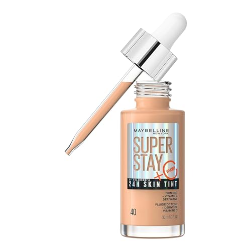 Maybelline New York,Base de maquillaje enriquecida con Vitamina C, Hasta 24H, Acabado luminoso, Superstay Skin Tint, Tono 40