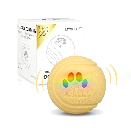インタラクティブドッグボール｜スマート犬用おもちゃ｜4つの動きモード搭載｜弾力性のある耐久TPU素材｜約9～27kgの犬向け自動転がるモーションアクティブボール (黄色)