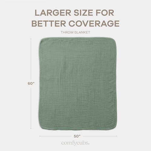 Image of Comfy Cubs Muslin Throw Blanket - 50 inch x 60 inch Quilted Design - Lightweight, Breathable 6-Layer Gauze Fabric - Soft Cotton Blanket for Home or Travel - Packaged in Elegant Gift Box - Fern