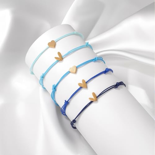 5 Pcs String Bracelets, Adjustable Heart Bracelet Bulk with Gold Heart Cord Blue gradient Bracelets for Women3