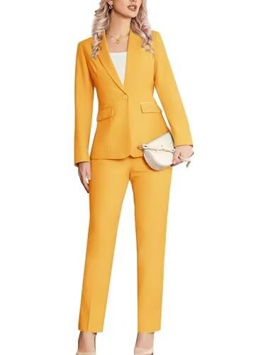 Womens Suits 2-Piece Business Office Work Suit - Notched Lapel One Button Slim Fit Tuxedo Blazer Pants Set