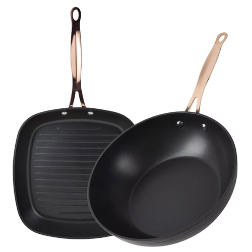 Bergner Copper Sartén Grill 28x28cm + Wok Ø28cm en Aluminio forjado en color Negro mate