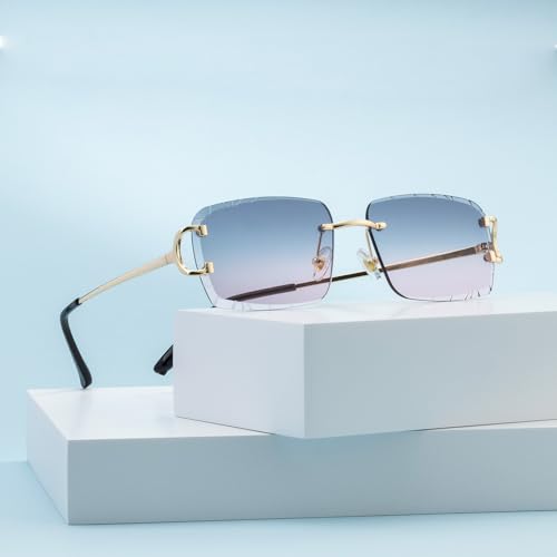 Image of Retro Rimless Rectangle Sunglasses for Men Women Luxury Frameless Square Trendy Shade Diamond Cutting Eyewear