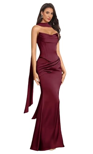 JAEDEN Trägerlos Meerjungfrau Brautjungfernkleider mit Schal Korsett Ballkleider Damen Satin Abschlussballkleid Wein Rot 38