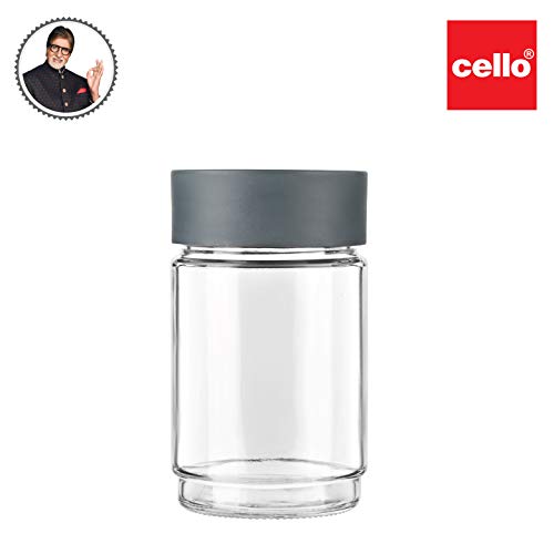 CELLO Modustack Glassy Storage Jar (750 ml), Grey| Glass Jar with Lid | Stackable | For Grains, Pulses, Spice, Cereals, Cookies, Dry Fruits | Fridge Storage Container
