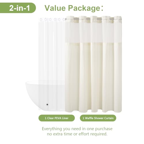 FY&XZH 2-in-1 No Hook Waffle Shower Curtain Set with Mesh Top, Hotel-Style Fabric Curtain with PEVA Liner, Built-in Grommets, No Hook Required Waffle Sheer Shower Curtain, 72"x75" (Beige) by FY&XZH - Image 2