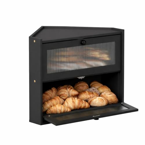 EffiQ-Rate 2 Tier Black Bread Bin Large Bamboo Corner Bread Box with Window for Kitchen Countertop 42 x 30 x 35 cm Wooden Food Storage Container for Keeping Homemade Breads Biscuit Fresh