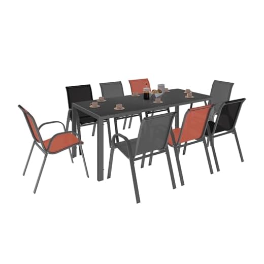 IDMarket - Salon de Jardin Madrid Table 190 cm et 8 chaises empilables Mix Color Gris, Noir et Terracotta