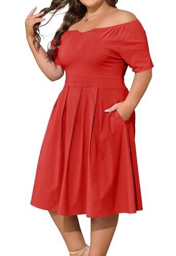 Image of Womens Plus Size Summer Dresses Off Shoulder Short Sleeve A-Line Wedding Guest Swing Waist Midi Dress with Pockets