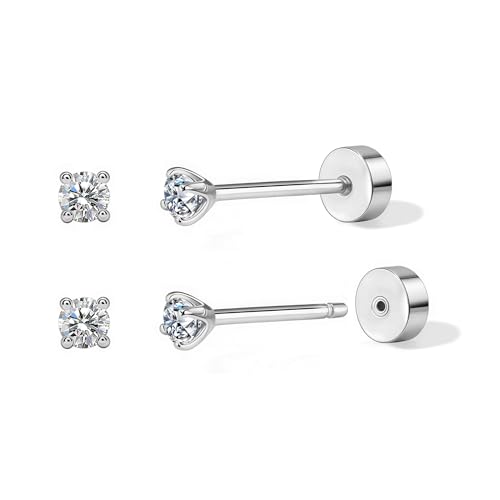 BRAYEG 1-5Pairs Flat Back Earrings Set (2-6mm), Push Pin Cartilage Stud earrings for Women, 14K Gold Filled Cubic Zirconia Stacking Earrings Studs, Hypoallergenic Helix Piercing Jewelry, No Screw for Sleeping