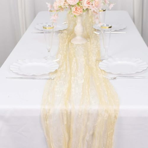 Efavormart 9ft Champagne Sheer Crinkled Organza Table Runner, Premium Shimmer