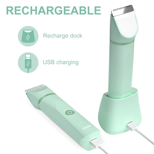 Image of OLOV Electric Body Hair Trimmer - Groin Trimmer for Men - Bikini Trimmer Women - Wet /Dry Shaver Groomer, Replaceable Ceramic Blade Heads, USB Recharge Dock, Waterproof Hygiene Razor, Green