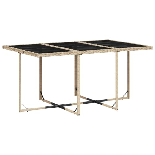 Image of 6-Piece Patio Dining Set with Tempered Glass Table and High-Back Chairs, Modern Outdoor Furniture in Beige Poly Rattan and Black Steel Frame, Weather-Resistant Garden Seating