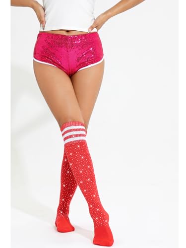 Image of Woman's Rhinestone Over Knee High Socks Stripe Knit Stockings Leg Warmers for Christmas Valentines day Events