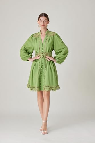 Image of LAI MENG FIVE CATS Women's V-Neck Elegant Lace Long Sleeve Lantern Sleeve Button up Casual Mini Dress