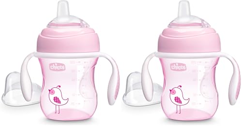 Image of Chicco 7oz. Transition Sippy Cup with Silicone Spout and Spill-Free Lid | Calibration Markings | Removable Handles | Top-Rack Dishwasher Safe | Easy to Hold with Ergonomic Indents | Pink| 4+ Months