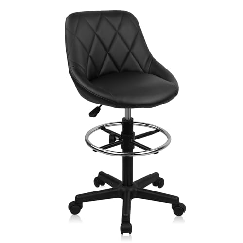 Image of KLASIKA Drafting Chair with Backrest and Wheels, Adjustable Footrest Height Rolling Stool, PU Leather Tall Swivel Chairs Work Shop Office Desk Stools for Home Work Shop Kitchen Bar
