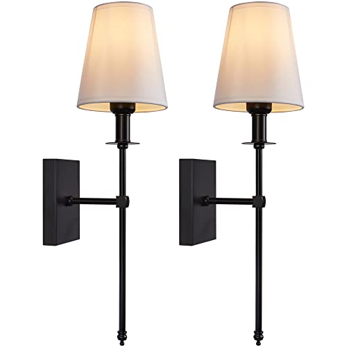Image of Modern Black Hardwired Wall Sconces Set of 2 Slim with White Fabric Shade,Wall Lighting for Bathroom Vanity Mirror Living Room Dining Entryway Fireplace Mantel Theater Room Bedside