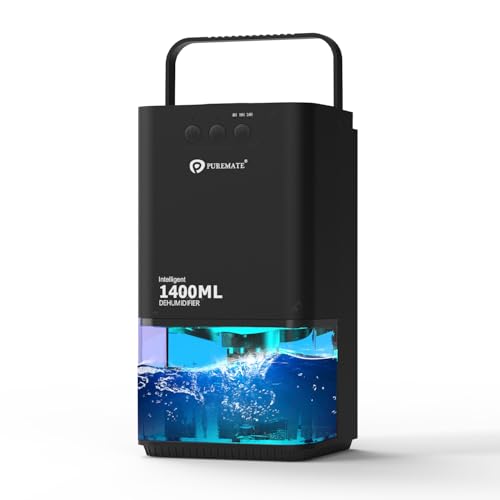 PureMate1400ml Electric Dehumidifier with Ultra Quiet & Auto Shut off 7 Colorful LED Portable Mini Dehumidifier for Damp Mould Moisture in Home for Wardrobe Bathroom Bedroom Garage