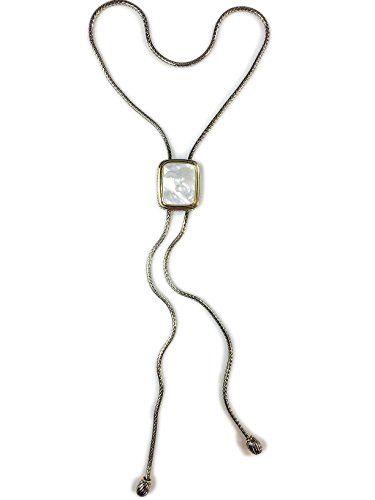 Two Tone Rhodium Plated Brass Fox Chain Mother of Pearl Cable Pendant Lariat Sliding/Adjustable Necklace - 30"3