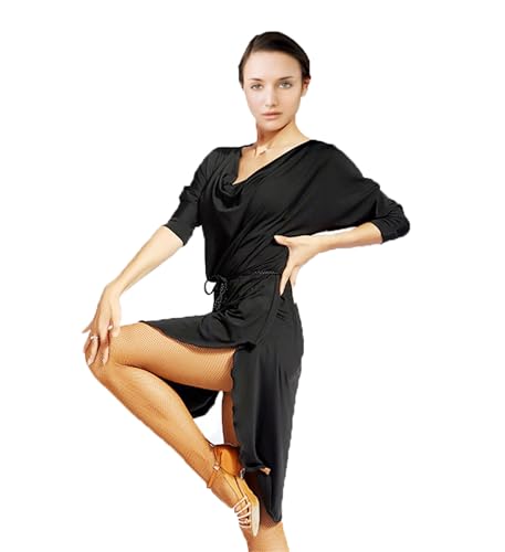SCGGINTTANZ G1007 Latin Ballroom Dance Professional Loose Version Swing Design Dress(Note: Contains A Simple Belt) (One Size,Black)