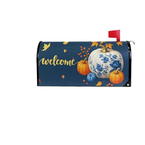 Image of Wamika Welcome Fall Blue Magnetic Mailbox Covers Porcelain Pumpkin Maple Leaves Mailbox Cover Over Size Full Magnet Garden Yard Porch Mail Boxes Cover Holiday Decorations 25 inch L x 21 inch W