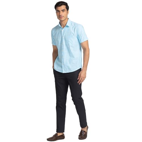 Image of Park Avenue Men's Pure Cotton Chambray Pattern Slim Fit Ainsley Collar Half Sleeve Casual Shirt