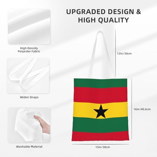 Flag Of Ghana Print Reusable Canvas Tote, Shopping Bag With Handles For Daily And Grocery Use4