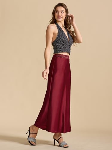 Wuitrie Silk Skirts for Women Summer High Waisted Lace Stitch Wrap Maxi Skirt Long Skirts for Women Business Casual Skirt4