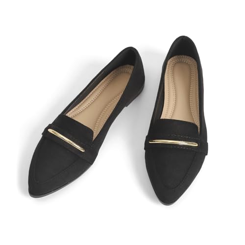 Image of Pointy Toe Penny Loafers for Women Dress Office Work Flats Shoes | Comfortable Women's Faux Suede Leather Slip On Flat Loafers for Driving Business Casual Cute Ballet Shoes