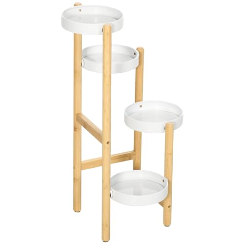 Outsunny Soporte para Plantas Estantería para Plantas con Pies de Bambú Estantería para Flores con 4 Estantes Redondos Carga 20 kg para Interior y Exterior Ø28x80 cm Natural y Blanco