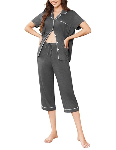 Image of Ekouaer Capri Pajamas for Women Short Sleeve Button Down Sleepwear Comfy Lounge Set 2-Piece Pants Pjs | Capri Pants With Pockets,Chest Pocket,Notch Collar,Contrast Pipings,Sleepwear For Home Loungwear,Wedding,Party&Breastfeeding