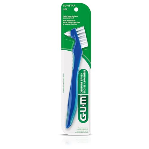 GUM Escova para dentadura – Escova de dentes de cerdas duras de cabeça dupla para dentaduras e reten
