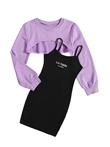 Floerns Girl's 2 Piece Outfit Letter Print Cami Bodycon Dress with Long Sleeve Top