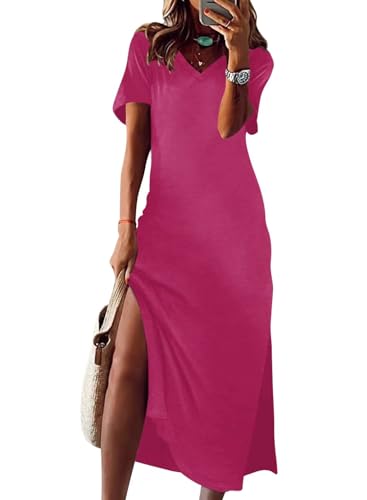 Image of Wkior Women's Summer Maxi Dress Loose Casual Long Dress Color Block Short Sleeve Split Maxi Dresses(S-2XL)