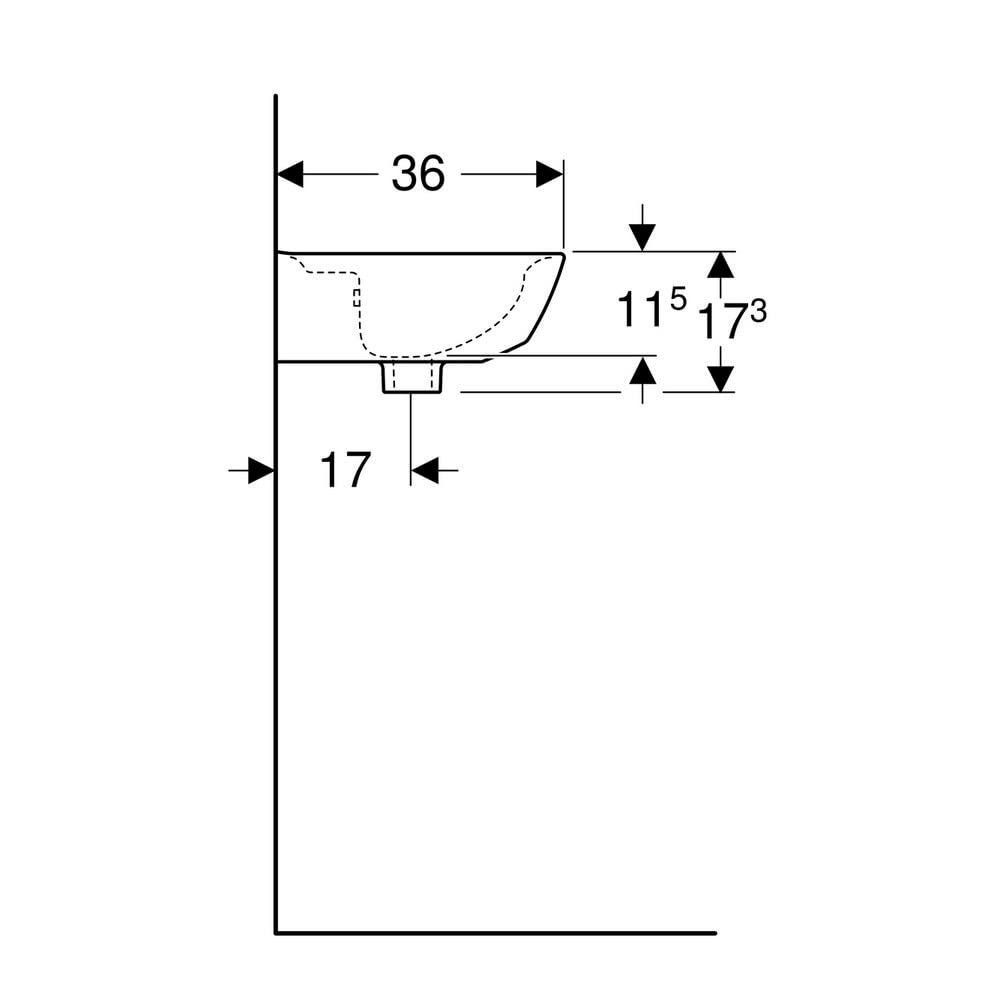 Geberit Renova lavabo con enjuague manual, sin agujero para grifo, rebosadero asimétrico, anchura: 45cm, Color: Blanco