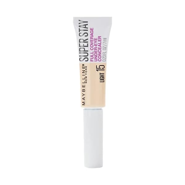 Maybelline New York Super Stay Full Coverage, Brightening, Long Lasting, Under Eye Concealer Liquid Makeup for up to 24H Wear, with Paddle Applicator, 15 Light, 0.23 Fl Oz