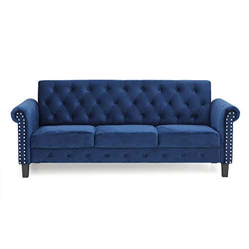 Furinno Bastia Vintage Modern Chesterfield Button Tufted 3-Seater Sofa Couch For Living Room, Navy Velvet #TOP3
