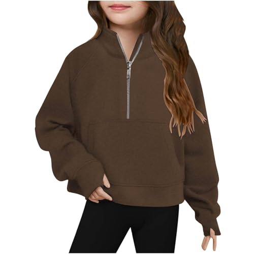 Girls Half Zip Sweatshirt Oversized Pullover Crop Tops Kids Thumb Hole Fleece Sweatshirts Long Sleeve Sweater Pocket