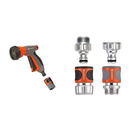 Gardena 32121 Control Metal Multi-Purpose 7-In-1 Spray Gun With Built In Flow Control, 7 X 3 X 9 Inches, Orange & 39042-M 4 Piece Premium Metal Quick Connector Starter Set, Silver,Orange, Grey, Black #TOP23