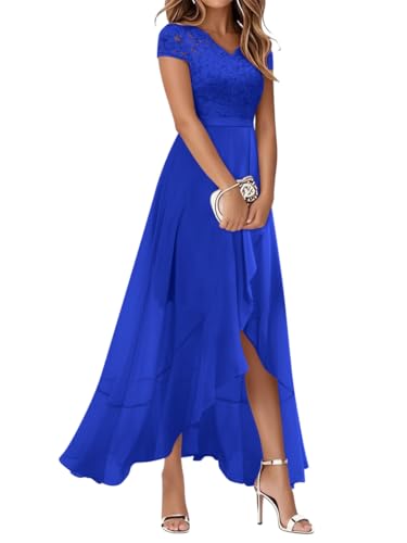 Robe de cocktail pour mariage invité chic, coupe longue asymétrique et dentelle fine